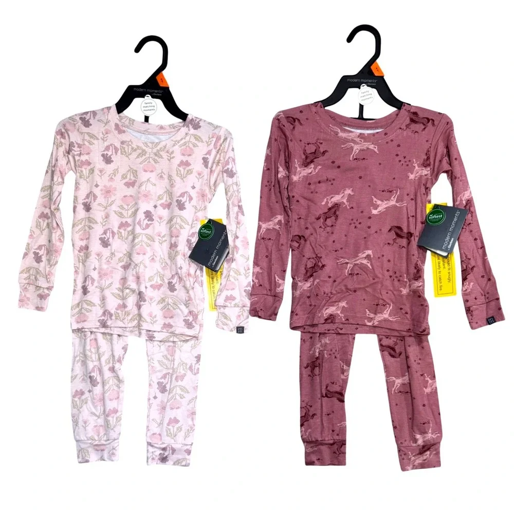 Bamboo Viscose 2 Pair Pajama Sets 4T Floral & Horse Pink Mauve New